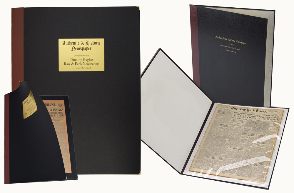 Deluxe gift portfolios in both styles, opened to display newspapers in their inner sleeves.
